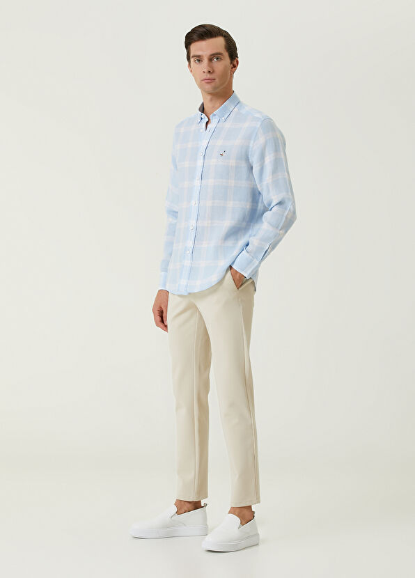 Beymen Club Comfort Fit Light Blue Square Plaid Linen Shirt - 3