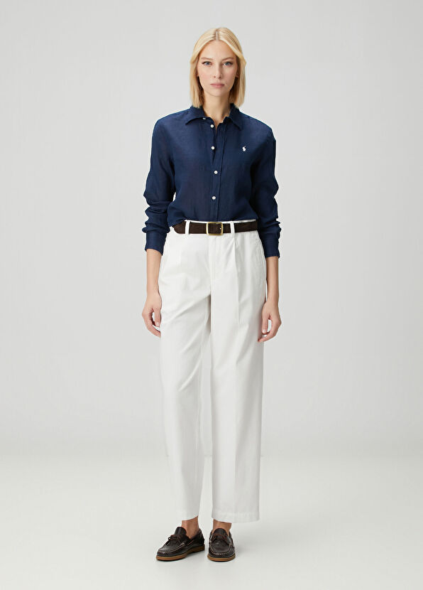 Mavi Logo Nakışlı Keten Gömlek - Görsel 3