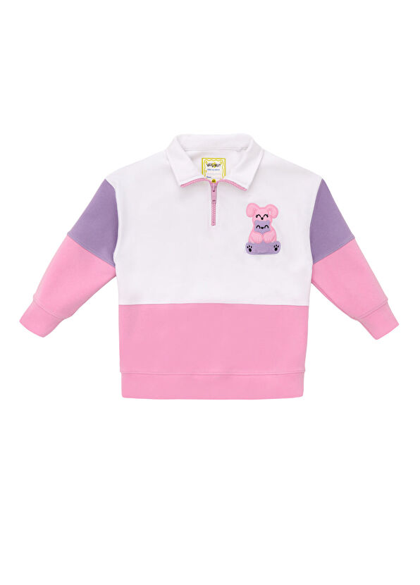 Milky Wilky Pembe Detaylı Dik Yaka Yarım Fermuarlı Kız Çocuk Sweatshirt - 1