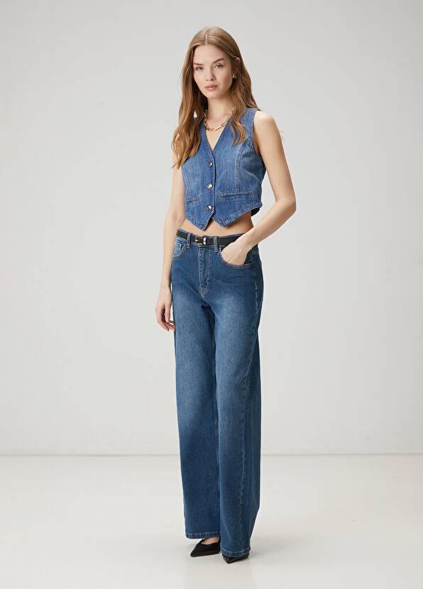 Beymen Club Mavi Crop Denim Yelek - 3