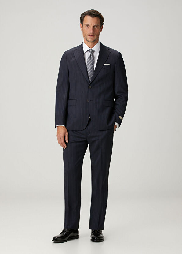 Drop 4 Lacivert Çizgi Desenli Yün Takım Elbise - Görsel 4