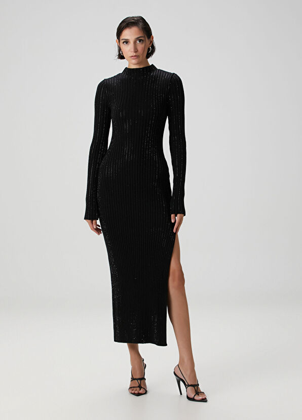 Siyah Taşlı Midi Elbise - Görsel 4