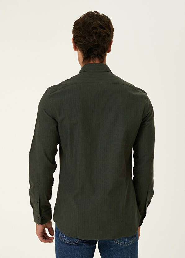 Beymen Club Slim Fit Haki İnce Çizgili Flanel Gömlek - 4
