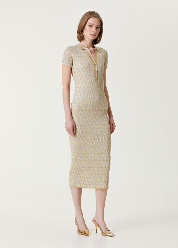 Valentino Bej Geometrik Logo Desenli Midi Elbise - 1
