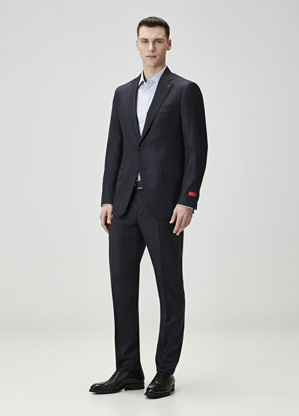 Koyu Lacivert Çizgi Desenli Yün Takım Elbise - Görsel 4