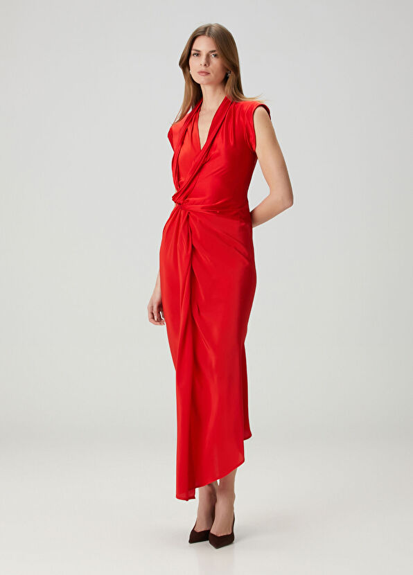 Kırmızı Drapeli Midi İpek Kokteyl Elbise - Görsel 2