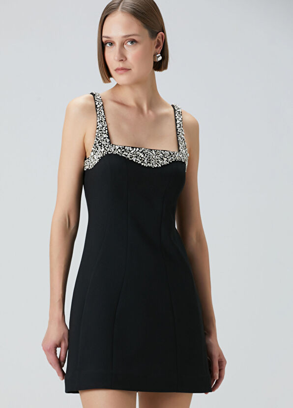 Siyah Taş İşlemeli Mini Kokteyl Elbise - Görsel 3