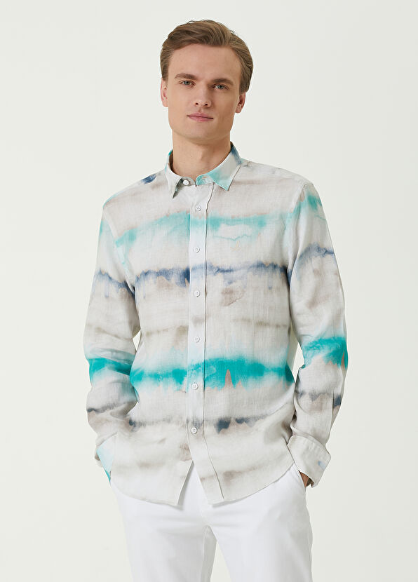 Beymen Club Comfort Fit Turkuaz Batik Desenli Keten Gömlek - 1