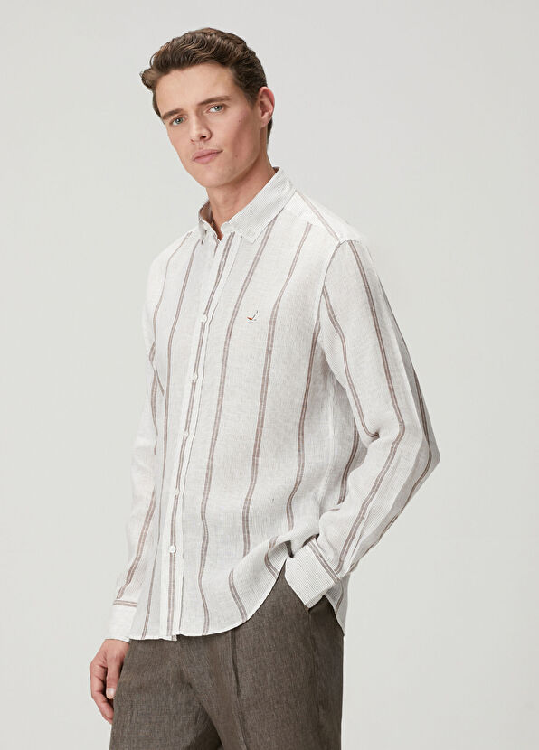 Beymen Club Krem Kahverengi Çizgili Comfort Fit Keten Gömlek - 4