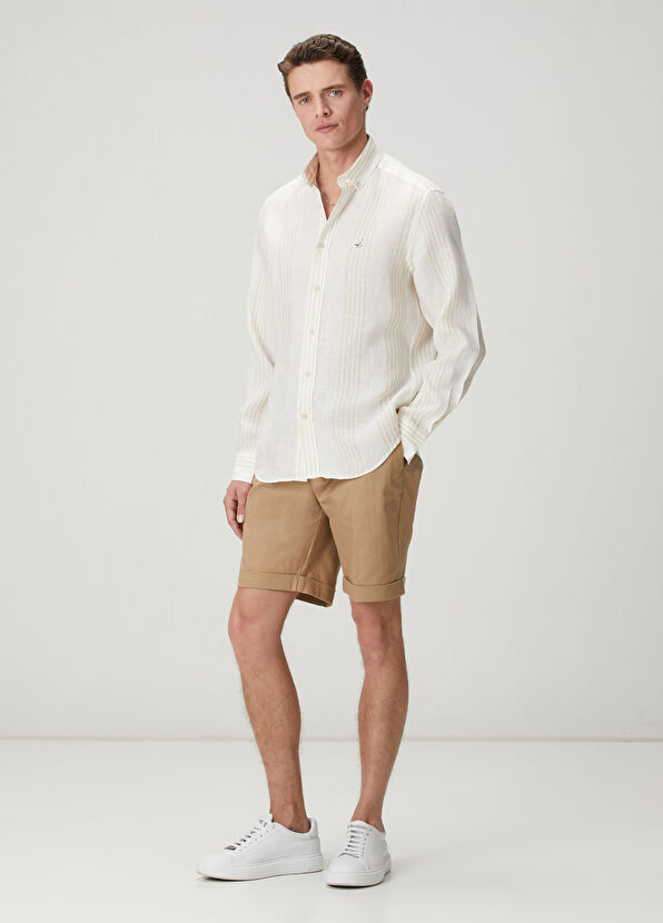 Beymen Club Beige White Striped Comfort Fit Linen Shirt - 3