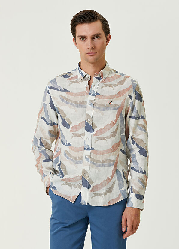 Beymen Club Comfort Fit Ecru Leaf Patterned Linen Shirt - 1