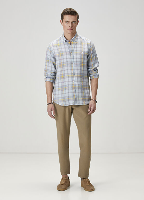 Beymen Club Comfort Fit Gri Mavi Ekose Desenli Keten Gömlek - 3