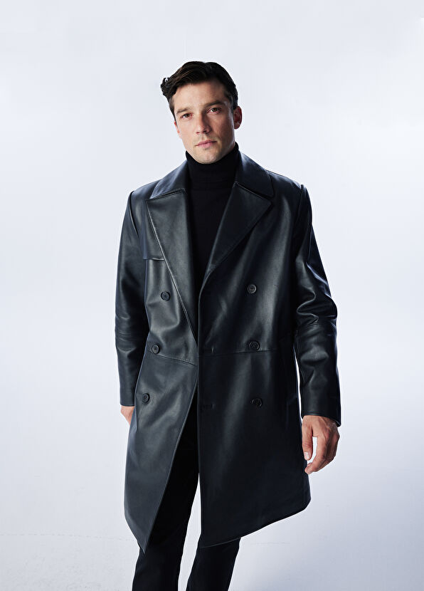 Beymen Club Black Double-Breasted Leather Overcoat - 1