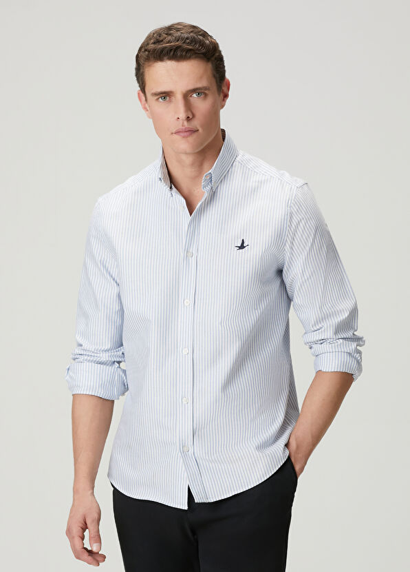 Beymen Club Comfort Fit Blue White Stripe Patterned Oxford Shi - 1