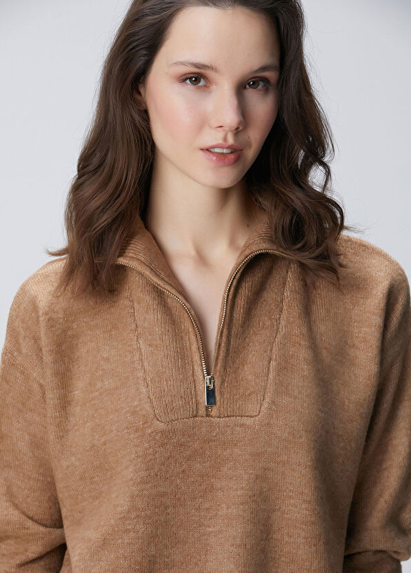 Network Camel Dik Yaka Fermuarlı Uzun Kol Kazak - 2