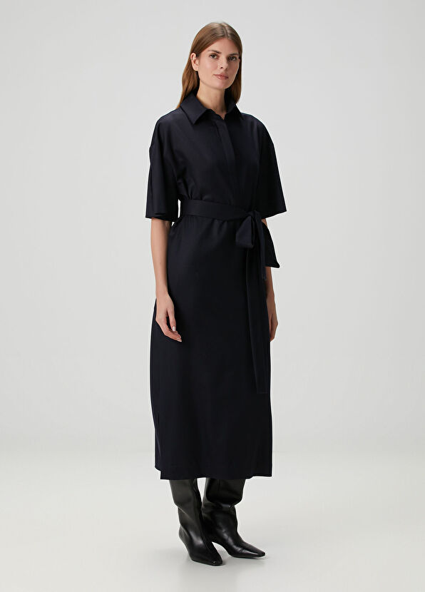 Sa Su Phi Navy Blue Midi Wool Shirt Dress - 2