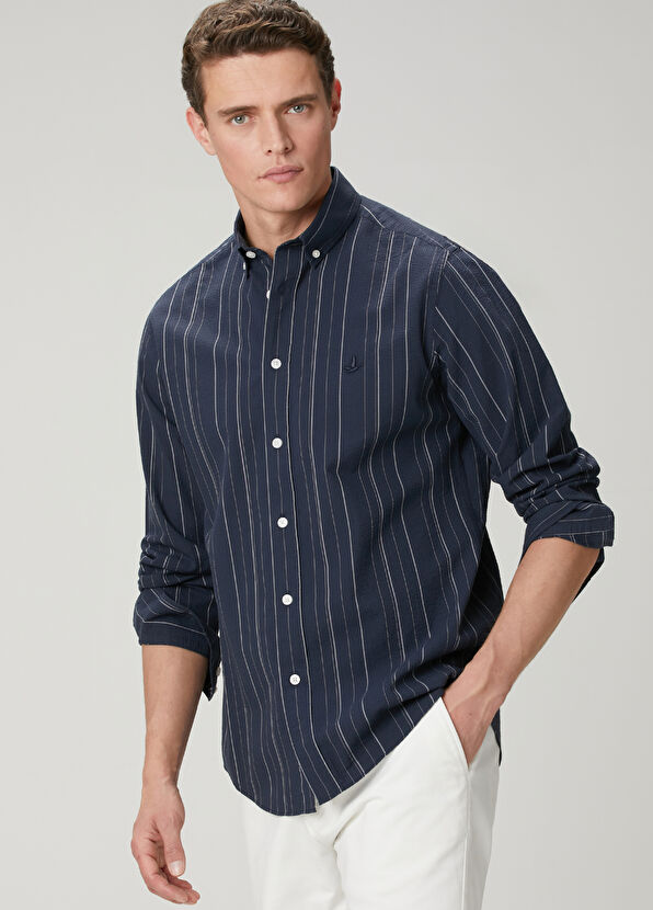 Beymen Club Comfort Fit Lacivert Çizgi Desenli Gofreli Gömlek - 2