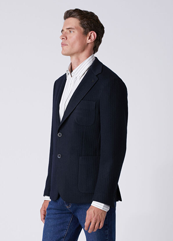 Beymen Club Navy Blue Stitching Striped Textured Blazer - 3