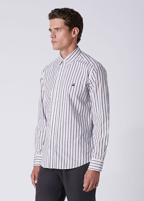 Beymen Club Comfort Fit Beyaz Bordo Çizgi Desenli Gömlek - 4