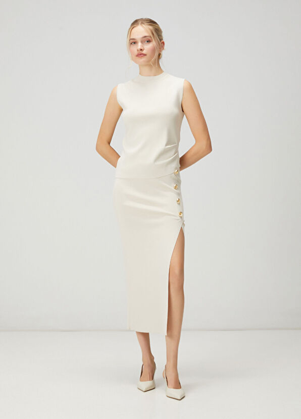 Beymen Club Ekru Gold Düğmeli Midi Triko Etek - 1