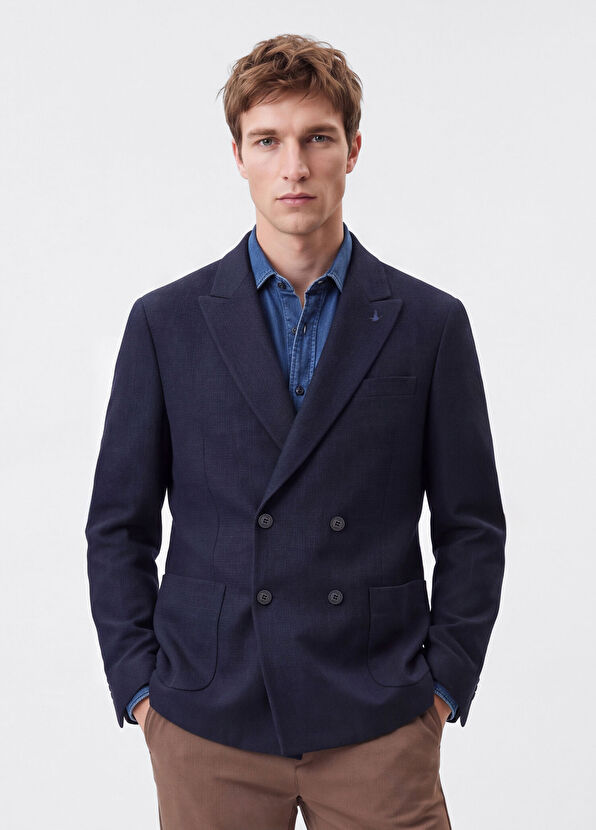 Beymen Club Navy Blue Dobby Double-Breasted Blazer - 3