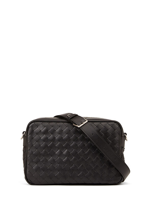 Medium Siyah Örgü Dokulu Erkek Deri Çapraz Çanta - Görsel 3