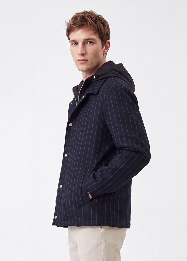 Beymen Club Navy Blue Hooded Stripe Print Outer Shirt - 3