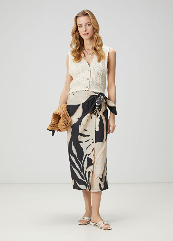 Beymen Club Siyah Ekru Desenli Midi Keten Etek - 1