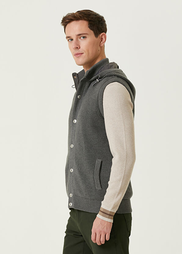 Beymen Club Grey Hooded Knit Textured Wool Knit Vest - 4