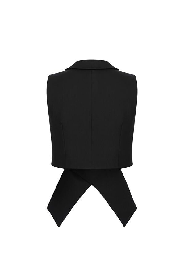 Feel The Lotus Snowy Black Asymmetrical Fabric Detailed Women's Crop Vest - 2