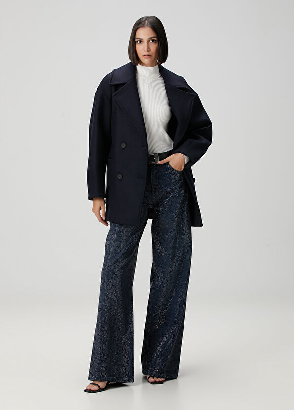 Oversize Lacivert Yün Kaşe Kaban - Görsel 4