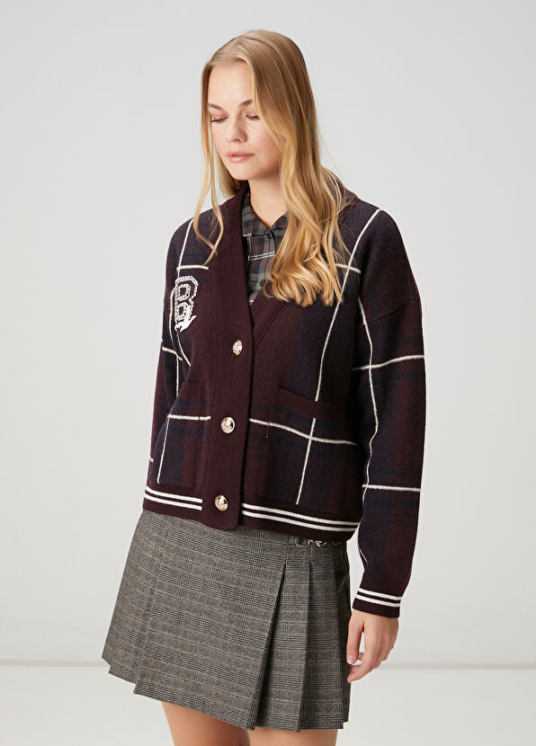 Beymen Club Bordo Ekoseli Yün Hırka - 4