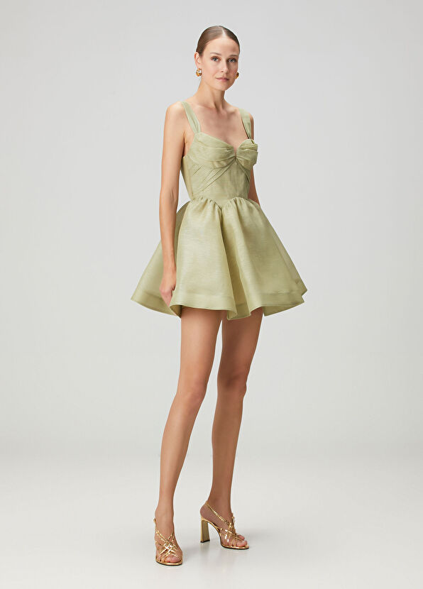 Rebellion Yeşil Drapeli Mini Keten Kokteyl Elbise - Görsel 2