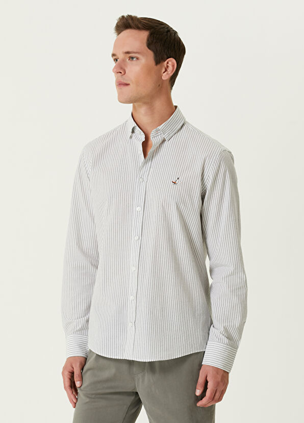 Beymen Club Comfort Fit Haki Çizgi Desenli Gofreli Gömlek - 4