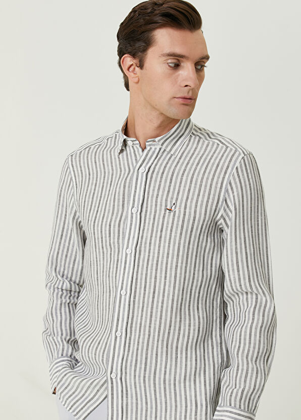 Beymen Club Comfort Fit Grey Striped Linen Shirt - 2