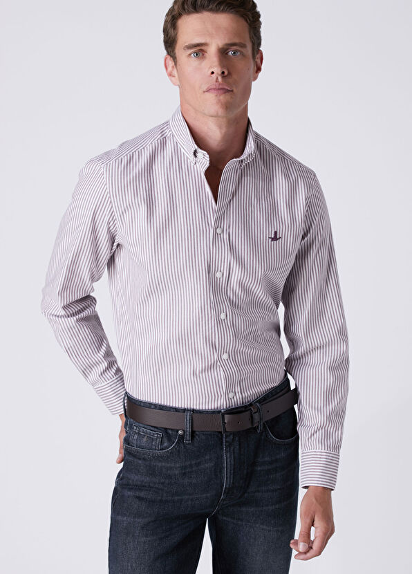 Beymen Club Comfort Fit White Burgundy Striped Oxford Shirt - 2
