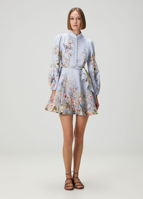 Rebellion Mavi Desenli Mini Keten Elbise - Görsel 2