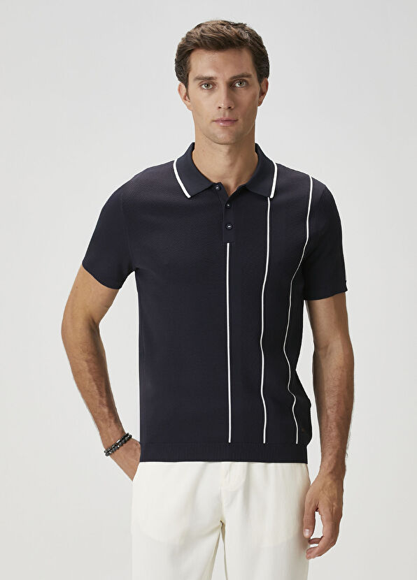 Beymen Club Navy Blue Line Jacquard Short Sleeve Polo Sweater - 1