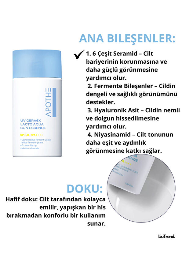 Apothe UV Cera6x Lacto Aqua Sun Essence SPF50+/PA+++ Nemlendirici Güneş Kremi Özü 50 ml - 2