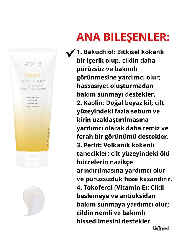 Apothe Baku-Kaol™ Brightening Scrub Cleanser Gözenek Görünümünü Arındırmaya Yardımcı Aydınlatıcı Temizleme Köpüğü 100 ml - 2