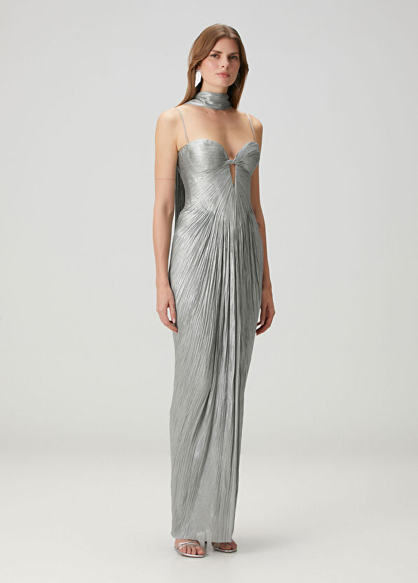 Tonia Mavi Maksi İpek Abiye Elbise - Görsel 5