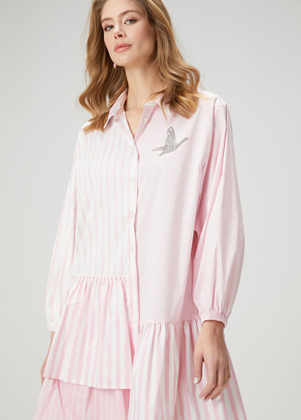 Beymen Club Pink White Striped Organic Cotton Shirt Dress - 1