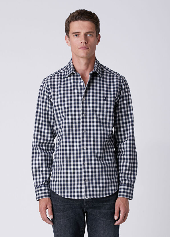 Beymen Club Relax Fit Navy Blue White Plaid Print Shirt - 2