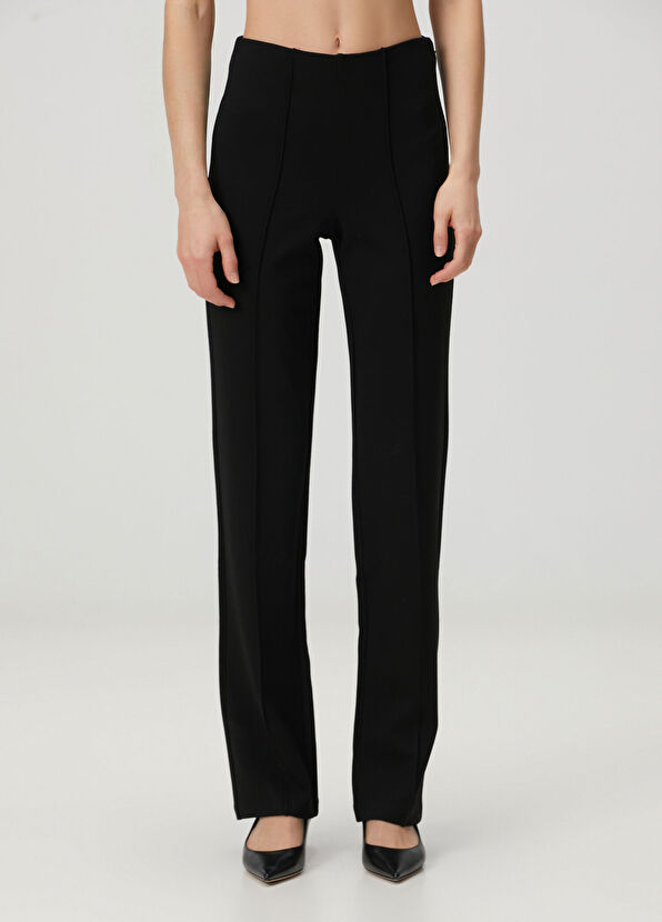 High Waist Pintuck Straight Leg Siyah Pantolon - Görsel 3