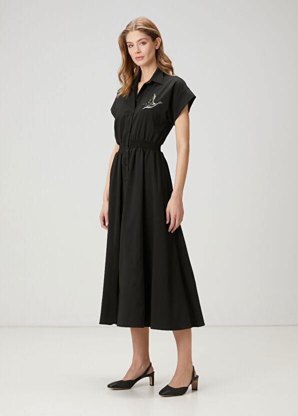 Beymen Club Siyah İşlemeli Midi Gömlek Elbise - 1