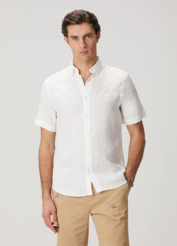 Beymen Club Comfort Fit Beyaz Kısa Kollu Keten Gömlek - 1
