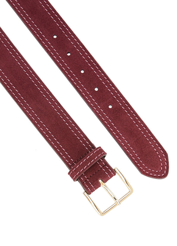 Beymen Club Burgundy Double Stitching Women's Suede Belt - 2