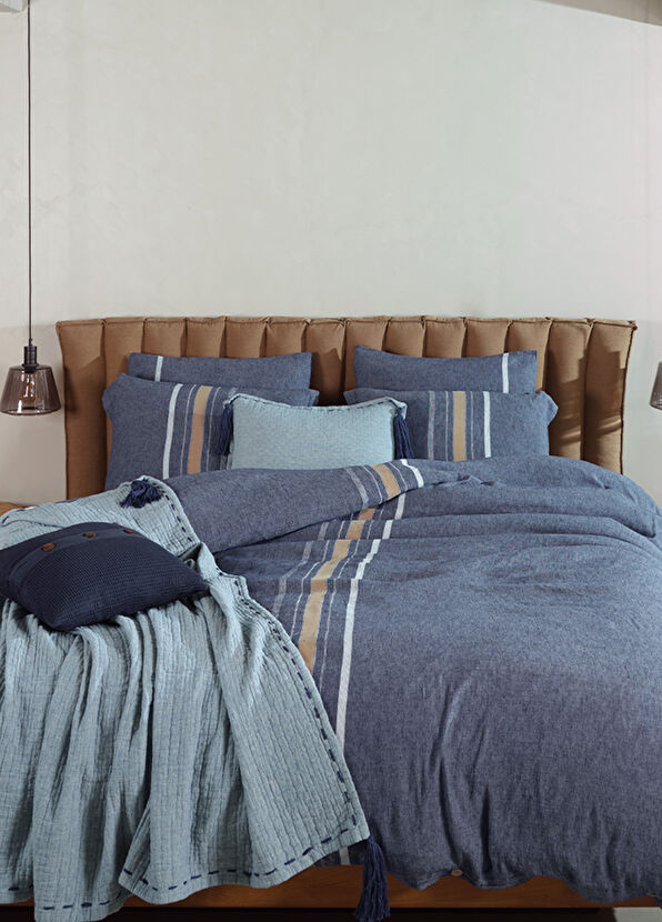 Buldan's Runda Navy Blue Khaki Linen Duvet Cover Set - 2