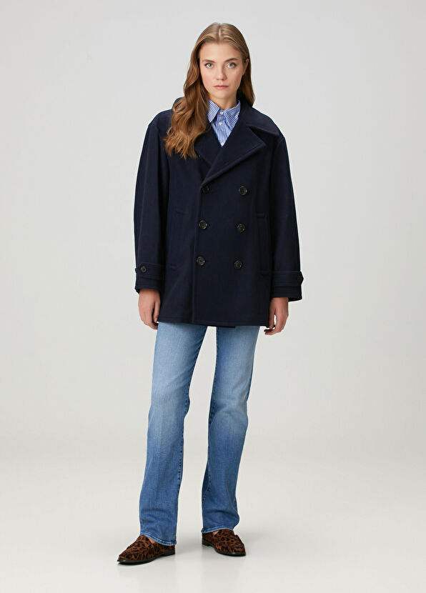 Lacivert Kruvaze Yün Kaban - Görsel 3