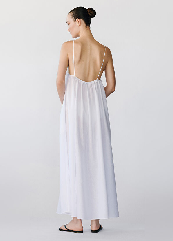 Rawe Rain Beyaz Pamuk Keten Askılı Kadın Uzun Elbise - 3